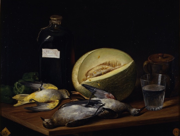 Still life with birds, melon and bottle of Peralta wine (detail; 1807), José López Enguídanos. Museo de la Real Academia de Bellas Artes de San Fernando, Madrid