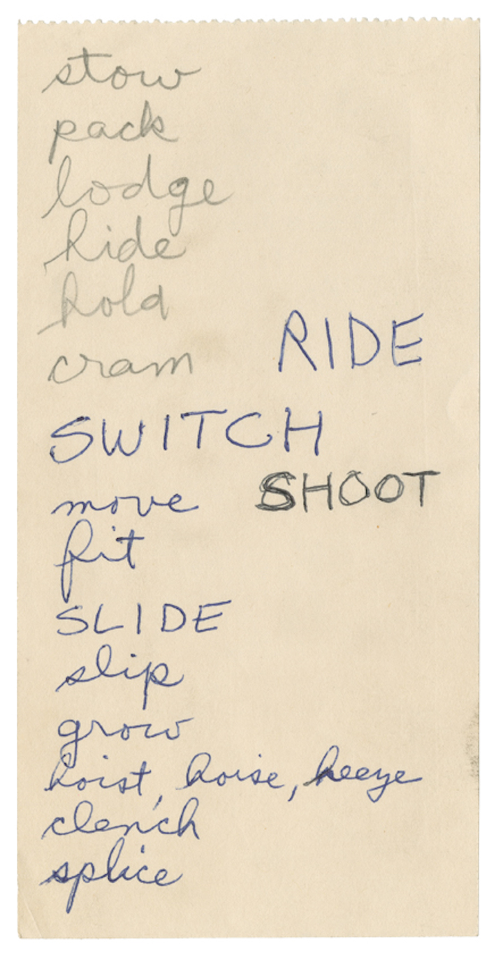 Page from Lee Lozano’s notes and ephemera, undated. © The Estate of Lee Lozano. Courtesy Hauser & Wirth