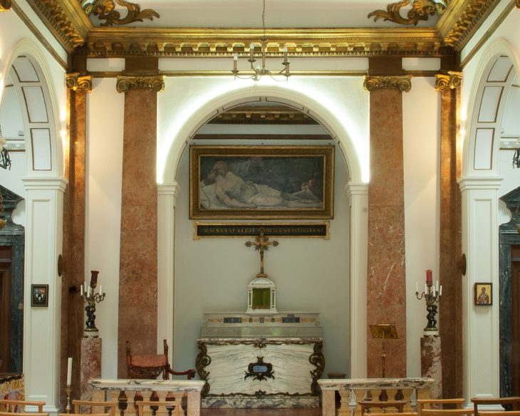 Our Lady of Sorrows, view of the interior looking towards the main altar, with the painting of Christ taken down from the Cross now attributed to Pietra Testa above, Reproduced by permission of the Provost and Fellows of Eton College