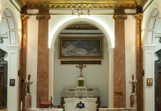 Our Lady of Sorrows, view of the interior looking towards the main altar, with the painting of Christ taken down from the Cross now attributed to Pietra Testa above, Reproduced by permission of the Provost and Fellows of Eton College