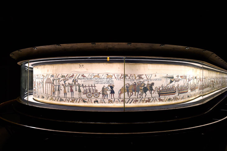 The Bayeux Tapestry in its display case at the Musée de la Tapisserie de Bayeux.