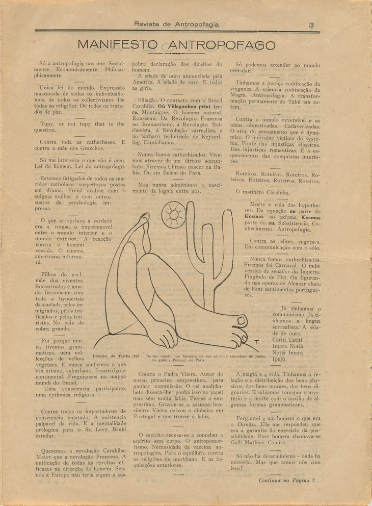 Oswald de Andrade's 'Manifesto antropófago' (Manifesto of Anthropophagy), with drawing by Tarsila do Amaral, in Revista de Antropofagia 1, no. 1 (May 1928):3. The Museum of Modern Art Library.