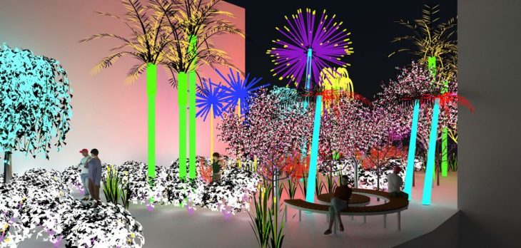 Visualisation for ‘Contrary Life: A Botanical Light Garden Devoted to Trees’ (2018), by Alia Farid and Aseel AlYaqoub, commissioned by Art Jameel, courtesy the artists