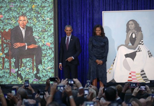 Barack and Michelle Obama at the unveiling ceremony for their portraits at the Smithsonian National Portrait Gallery, Washington D.C., on 12 February 2018.
