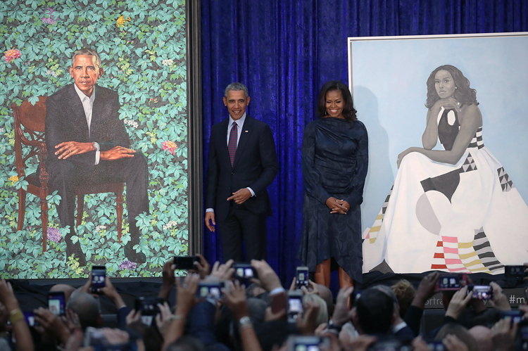 Barack and Michelle Obama at the unveiling ceremony for their portraits at the Smithsonian National Portrait Gallery, Washington D.C., on 12 February 2018.