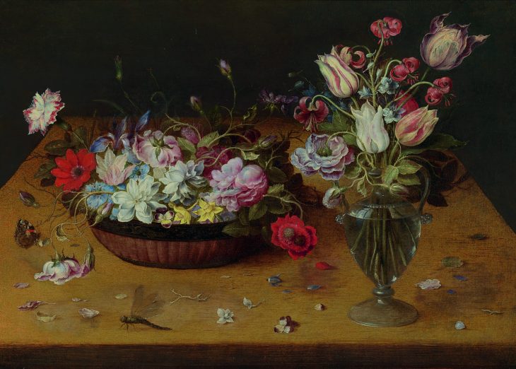 Flowers in a lacquer basket and in a glass vase, Osias Beert the Elder