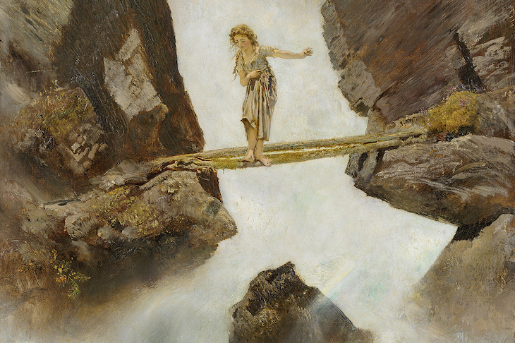Girl Crossing a Mountain Torrent (detail), Anton Romako