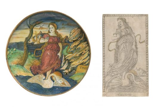 Shallow bowl depicting the muse Clio (c. 1535/40), workshop of Maestro Giorgio Andreoli, Gubbio, Italy; Clio (Muse of History), (c. 1465), Master of the E-series Tarocchi