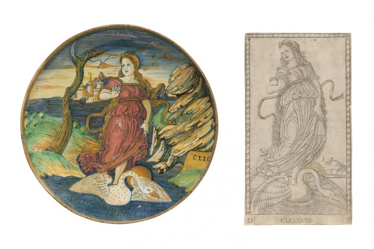 Shallow bowl depicting the muse Clio (c. 1535/40), workshop of Maestro Giorgio Andreoli, Gubbio, Italy; Clio (Muse of History), (c. 1465), Master of the E-series Tarocchi