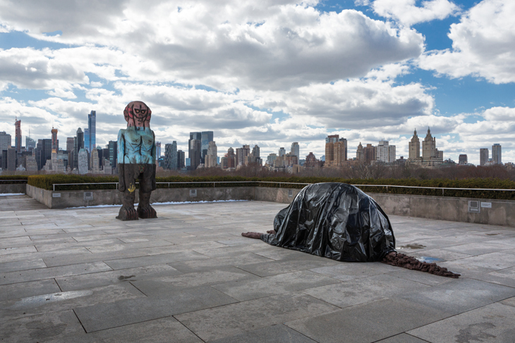 Installation view of ‘The Roof Garden Commission: Huma Bhabha, We Come in Peace’ at the Metropolitan Museum of Art, New York.