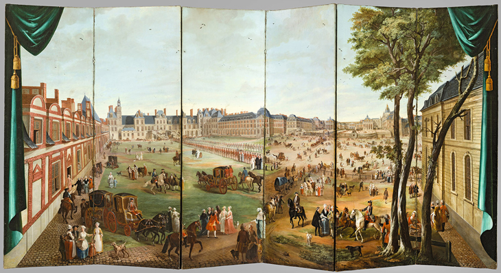 Folding Screen with Views of the Château de Versailles from the Avenue de Paris and the Cour du Cheval Blanc at the Château de Fontainebleau, Charles Cozette