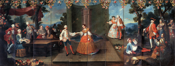 Folding Screen with Fête Galante and Musicians, attributed to Miguel Cabrera