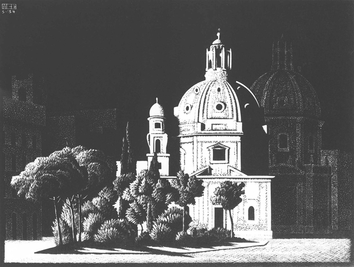 Nocturnal Rome: Small Churches, Piazza Venezia, M.C. Escher