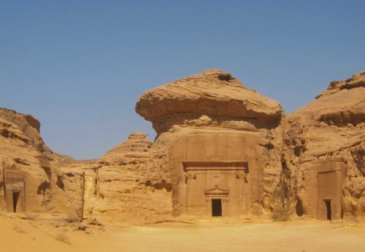 Mada'in Saleh (Hegra), Jabal al-Khraymat. The tomb on the far left belonged to Amat and her daughters.