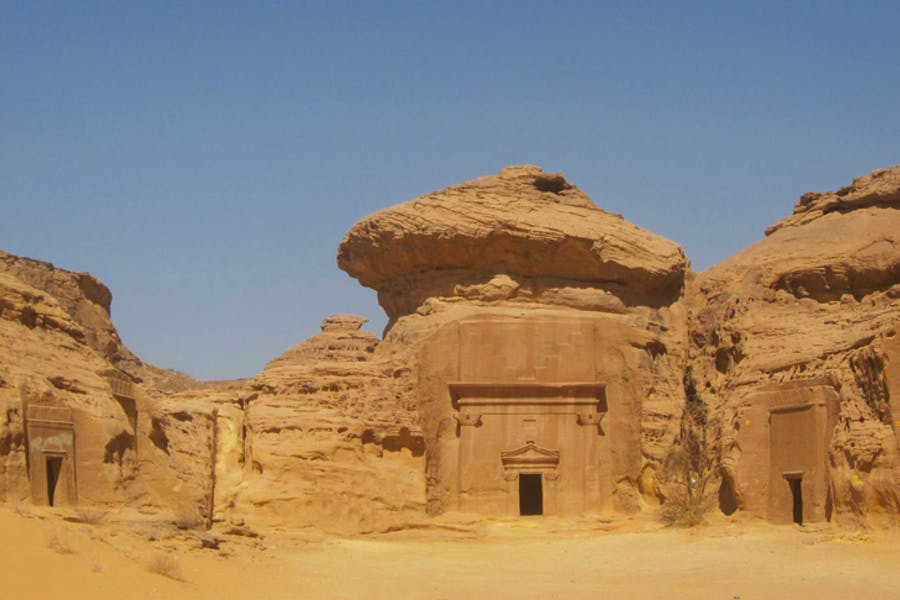 Mada'in Saleh (Hegra), Jabal al-Khraymat. The tomb on the far left belonged to Amat and her daughters.