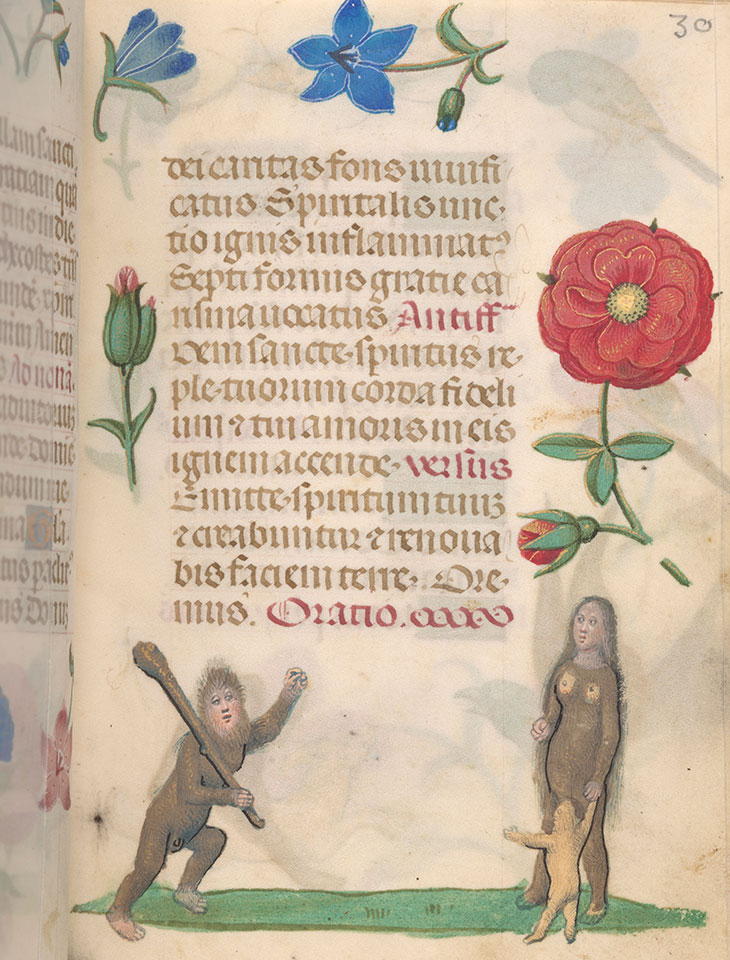 Wild man, woman, and child, from Book of Hours