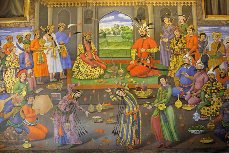 Mural at the Chehel Sutan Palace in Isfahan, from the 16th century, showing the Safavid ruler Shah Tahmasp receiving the exiled Mughal emperor Humayun