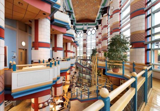 Inside the Judge Business School, Cambridge, designed by John Outram, which has received a Grade II* listing. © Historic England