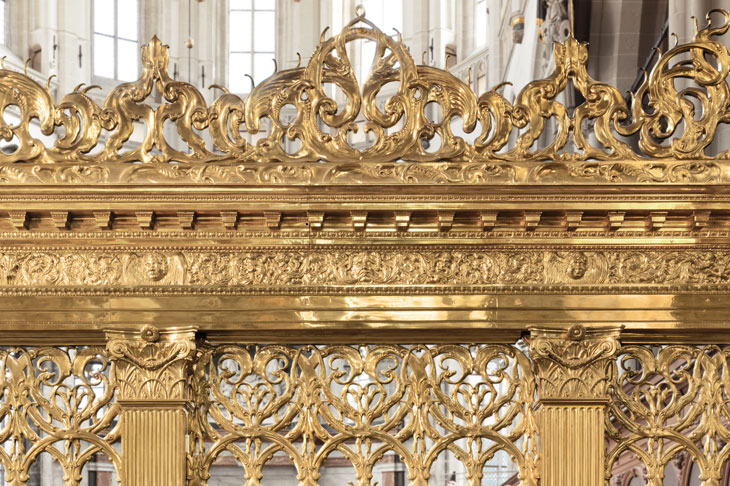 Part of a brass choir screen at De Nieuwe Kerke, Amsterdam, cast by unknown brass-founders in c. 1654, after a design by Johannes Lutma, probably in collaboration with Jacob van Campen