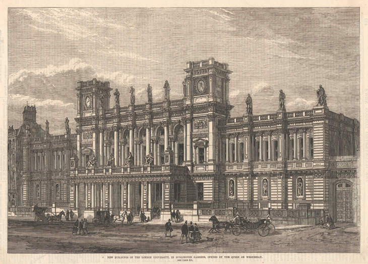 ‘New Buildings of the London University, Burlington Gardens’, a wood engraving showing James Pennethorne’s building shortly after completion and published in the Illustrated London News in 1870