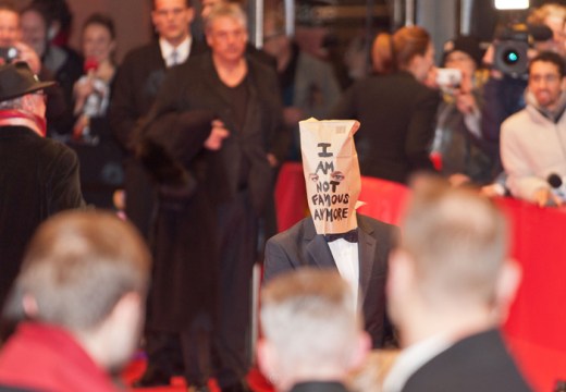 Shia LaBeouf wearing a paper bag on his head at the premiere of the film ‘Nymphomaniac (I)’