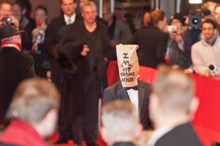 Shia LaBeouf wearing a paper bag on his head at the premiere of the film ‘Nymphomaniac (I)’