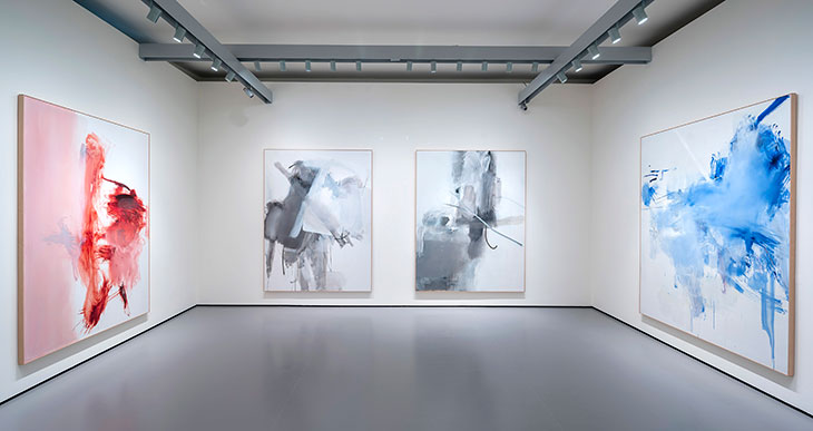 Installation view of (from left to right) h.a.t. II, h.a.t. III, h.a.t. IV, h.a.t. V (all 2009), Albert Oehlen, in ‘Albert Oehlen: Cows by the Water’ at the Palazzo Grassi, Venice, 2018. Pinault Collection