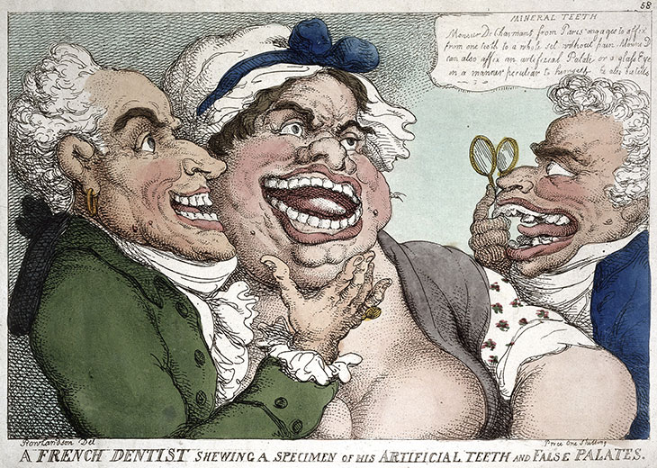 A French dentist showing a specimen of his artificial teeth and false palates (1811), Thomas Rowlandson. Wellcome Collection