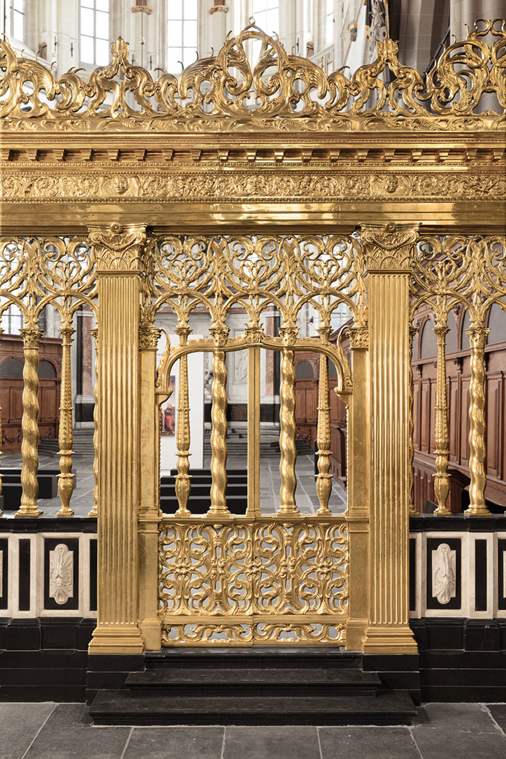 Part of a brass choir screen at De Nieuwe Kerke, Amsterdam, cast by unknown brass-founders in c. 1654, after a design by Johannes Lutma, probably in collaboration with Jacob van Campen (1595–1657)