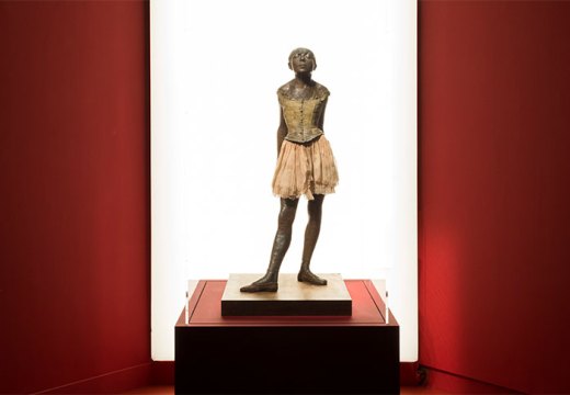 Petite danseuse de quatorze ans (1881; cast in 1921–31), Edgar Degas. Installation view of ‘In Colour: Polychrome Sculpture in France 1850–1910’ at the Musée d’Orsay, Paris.