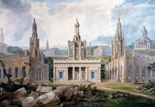 A Group of Churches, designed by Sir J. Soane to illustrate different Styles of Architecture Holy Trinity, Marylebone, St Peter’s, Walworth and the chapel at Tyringham, Buckinghamshire) (detail; c. 1825), Joseph Michael Gandy.