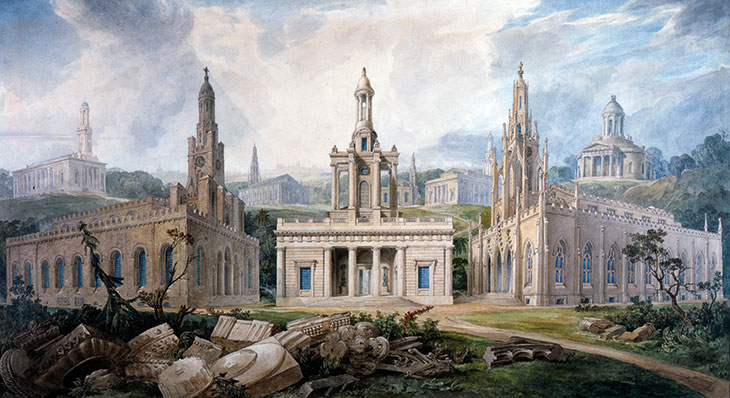 A Group of Churches, designed by Sir J. Soane to illustrate different Styles of Architecture Holy Trinity, Marylebone, St Peter’s, Walworth and the chapel at Tyringham, Buckinghamshire) (detail; c. 1825), Joseph Michael Gandy.