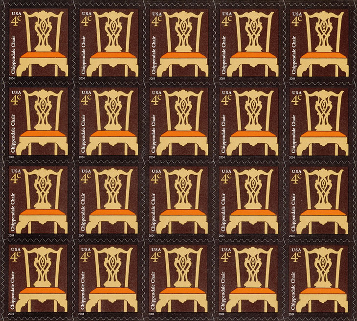 Sheet of Chippendale chair postage stamps, issued by the United States Postal Service in 2004.