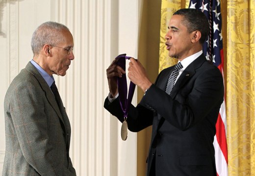 Martin Puryear receiving a 2011 National Arts and Humanities Medal from then-US President Barack Obama.