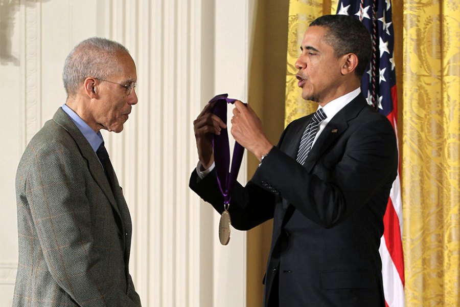 Martin Puryear receiving a 2011 National Arts and Humanities Medal from then-US President Barack Obama.