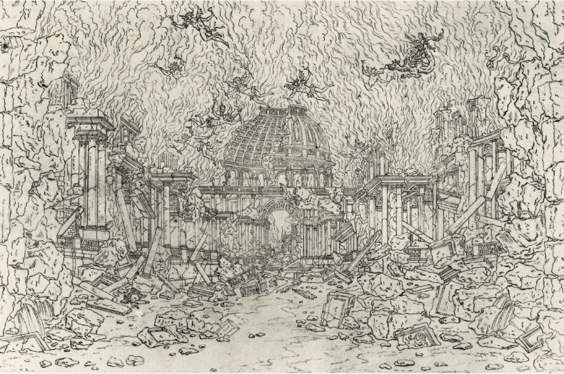 Sketch for the destruction of the palace of Armida, from 'Armide' by Jean-Baptiste Lully, c. 1686, Jean Bérain. Bibliothèque national, Paris