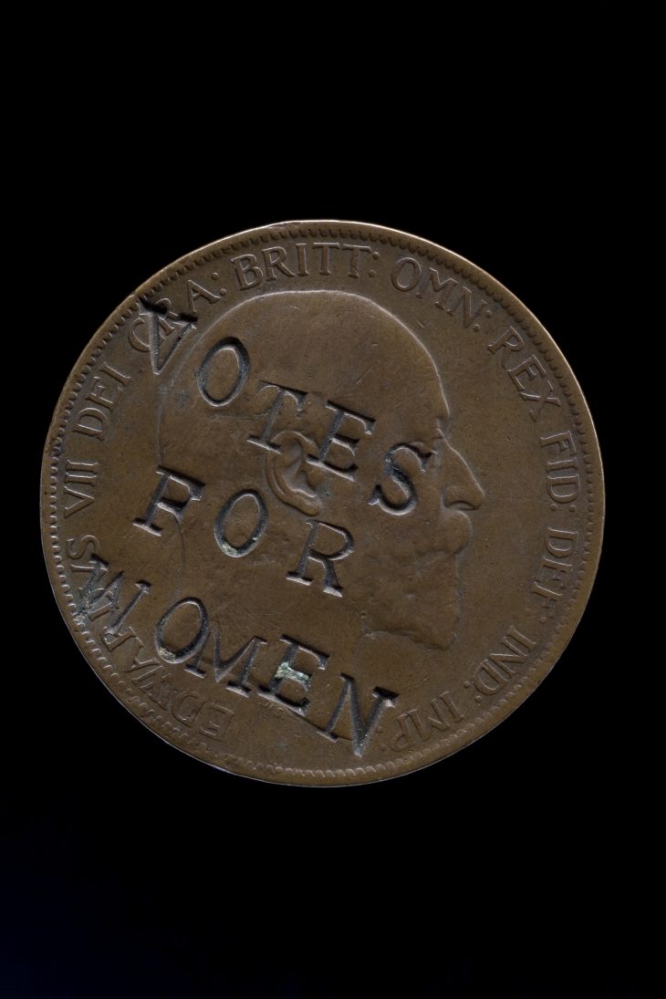 Edward VII penny, defaced with the slogan "Votes for Women" (1903), United Kingdom.