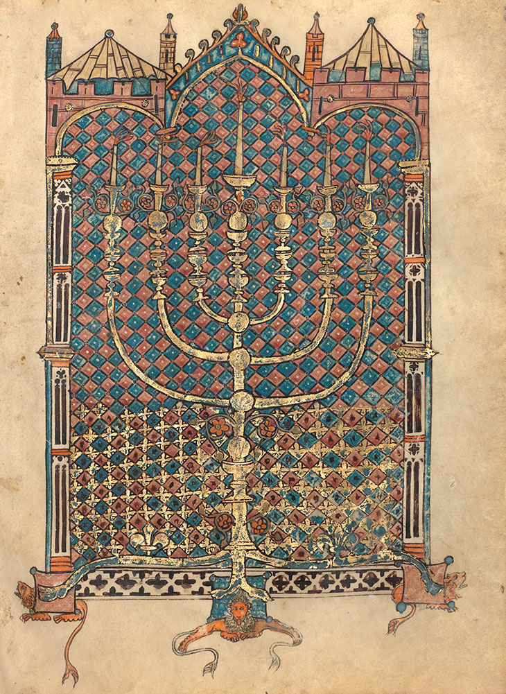 Menorah of the Tabernacle (Book of Leviticus), from the Rothschild Pentateuch (1296), France and/or Germany