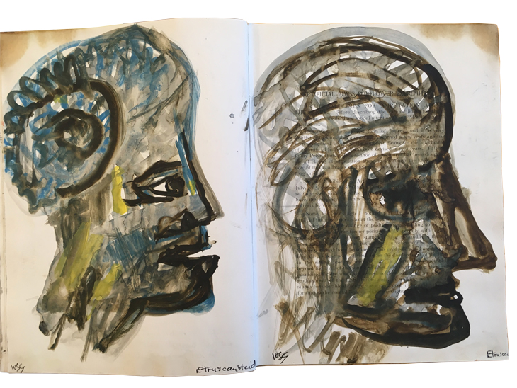 Drawings of an Etruscan head by W.S. Graham over the pages of 'Artificial Limbs: For Use After Amputation and Congenital Deficiencies' by F.G. Ernst (1923).