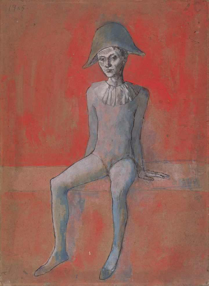 Arlequin assis au fond rouge (1905), Pablo Picasso. © bpk / Nationalgalerie, SMB, Museum Berggruen / Jens Ziehe © Succession Picasso 2018 