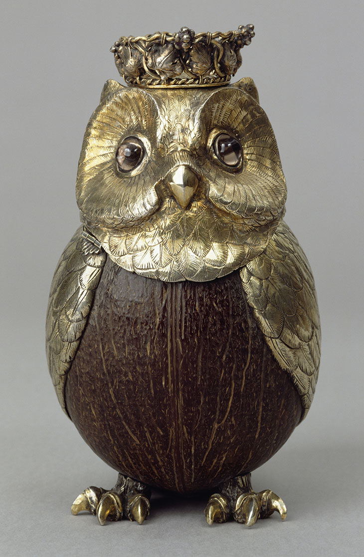Silver-gilt coconut cup formed as an owl (19th century), Germany.