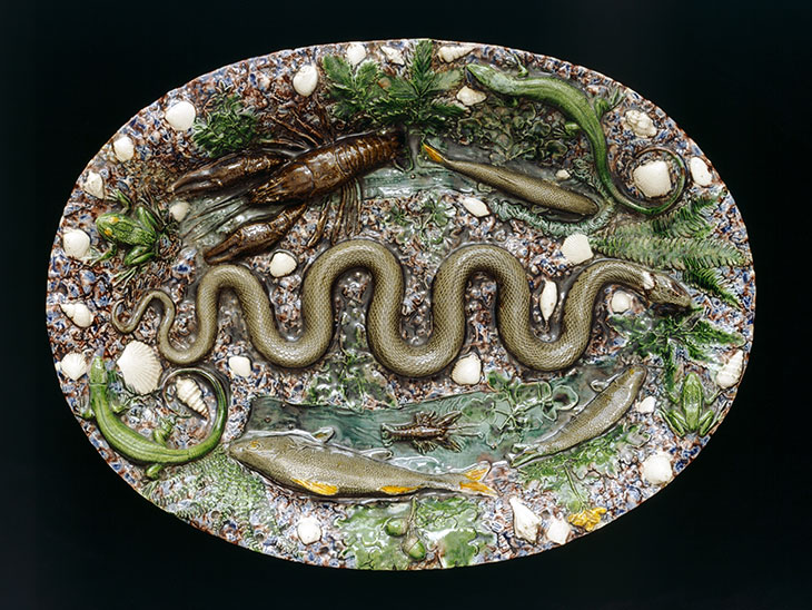 Oval dish with moulded eel, fish and crab (1565–75), France.