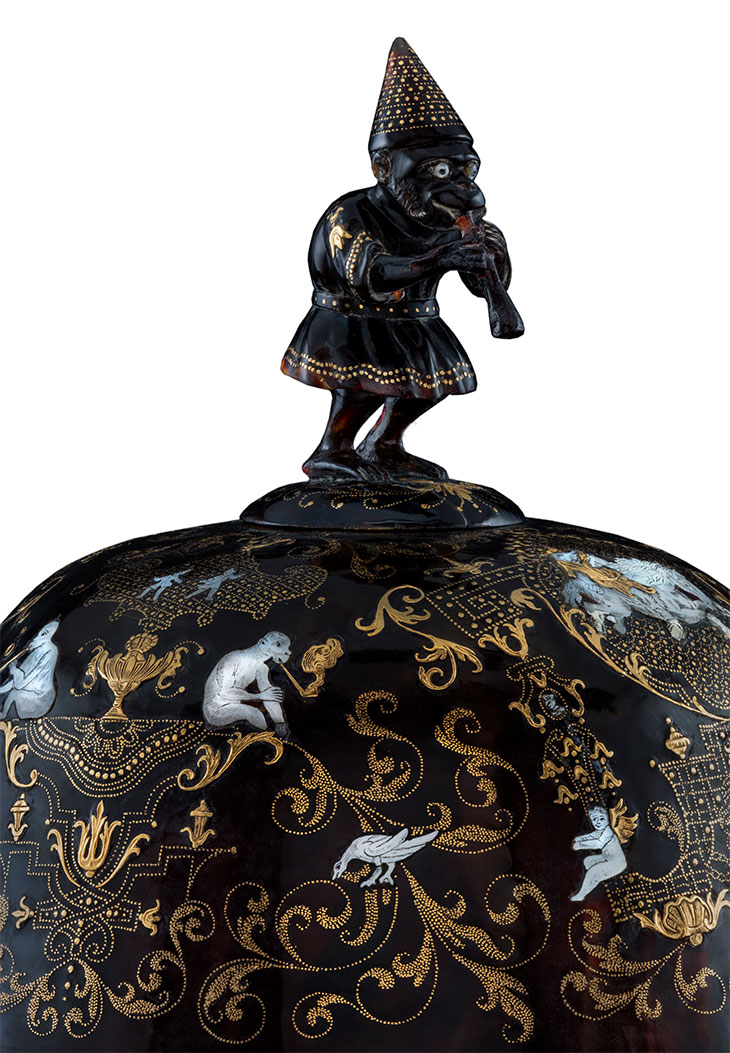 Lidded goblet with monkey playing the flute (detail; c. 1730–40), attrib. to Giuseppe Sarao.