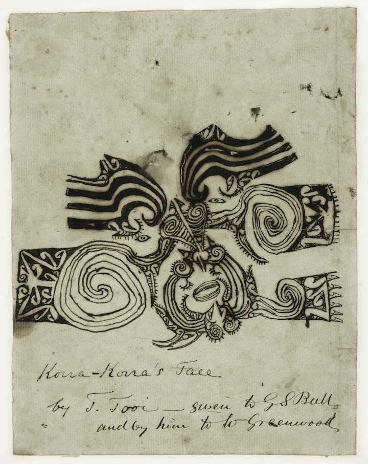 Tooi [Tuai], Drawing of Korokoro's moko, 1818. Sir George Grey Special Collections, Auckland Libraries