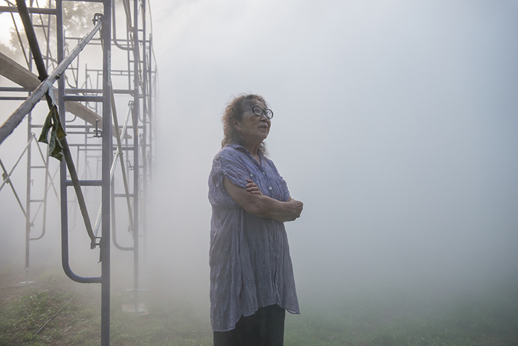 Fujiko Nakaya testing one of her fog sculptures, Fog x Ruins.