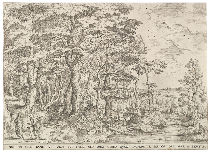 Landscape with the Temptation of Christ, Hieronymus Cock, after Pieter Bruegel the Elder
