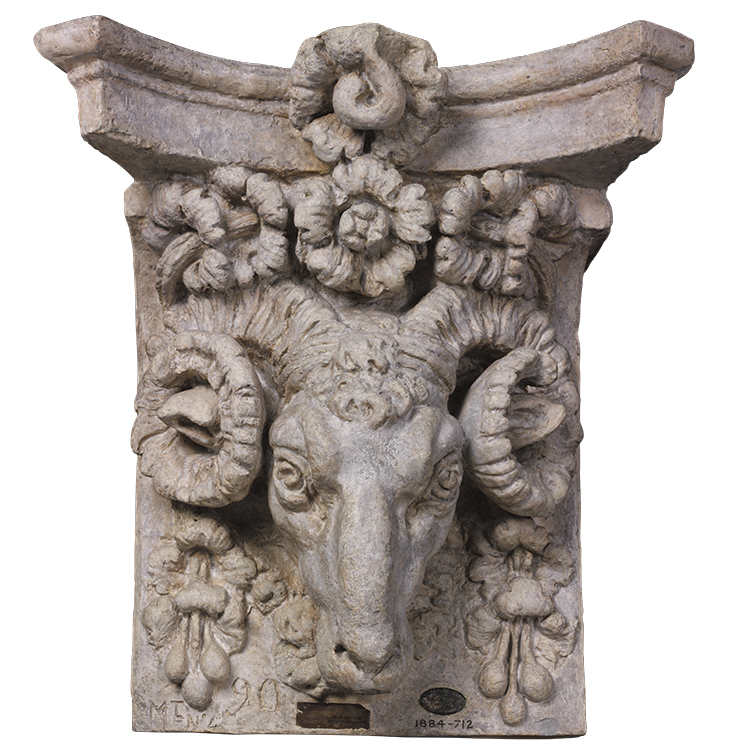 Cast of an aegicrane capital, from a 16th-century stone pilaster capital in the Tuileries Palace, Paris (19th century), probably made at the Union Centrale des Arts Décoratifs. Victoria and Albert Museum, London