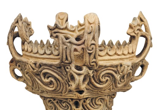 Vessel with flame-like ornamentation, Middle Jomon period (3,000–2,000 BC), from Sasayama site, Tokamachi-shi. Tokamachi City Museum, Niigata