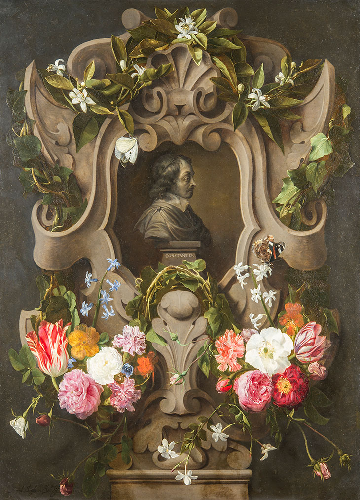 Bust of Constantijn Huygens Surrounded by a Garland of Flowers (1596–1687)(1644), Daniel Seghers & Jan Cossiers.