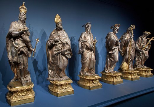 Installation view of ‘Luigi Valadier: Splendor in Eighteenth-Century Rome’ at the Frick Collection, New York, 2018. Pictured are the statues of the six saints from the High Altar of the Cathedral of Santa Maria la Nuova, Monreale, from c. 1773.